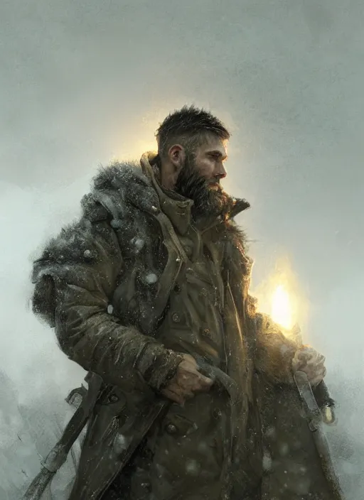 Image similar to portrait of a man wearing an winter coat, rugged, military, highly detailed, fantasy, godrays, cinematic lighting, close up, volumetric, realistic, digital art by greg rutkowski