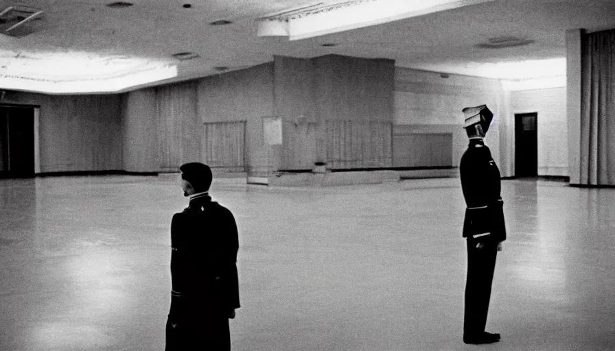 Image similar to 60s movie still of a sovietic stalinist style empty ballroom with one soviet guard standing, cinestill 800t 50mm eastmancolor, liminal Space style, heavy grain-s 150