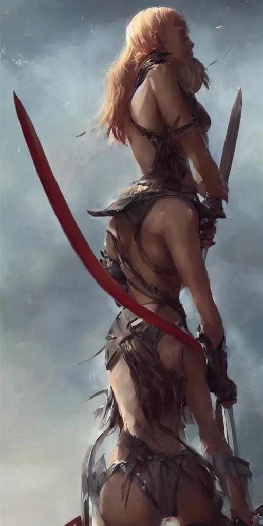 Prompt: back of beautiful girl, holding two swords. by wlop. artstation contest winner, cinematic paint. lower shot