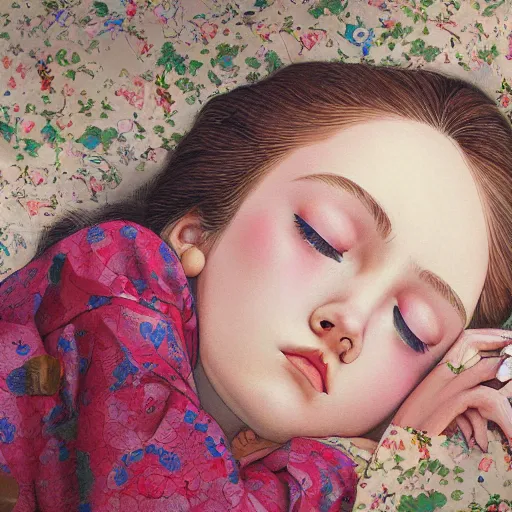 Image similar to little girl in pajama sleeping. digital artwork by ayami kojima, inspired by pixar movies and balthus, highly detailed, realistic