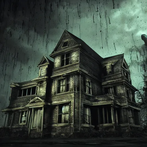 Image similar to a highly detailed photographic render of a creepy old haunted house, dark scene, inside a haunted house, camera POV, horror scene, horror, bloody, ghost, creepy, cinematic lighting, cinematic scene, Volumetric lighting, Atmospheric scene, Dark, Horror, Atmospheric lighting, Global illumination cinematic render, film, beautifully lit, ray traced, octane 3D render, octane render, unreal engine