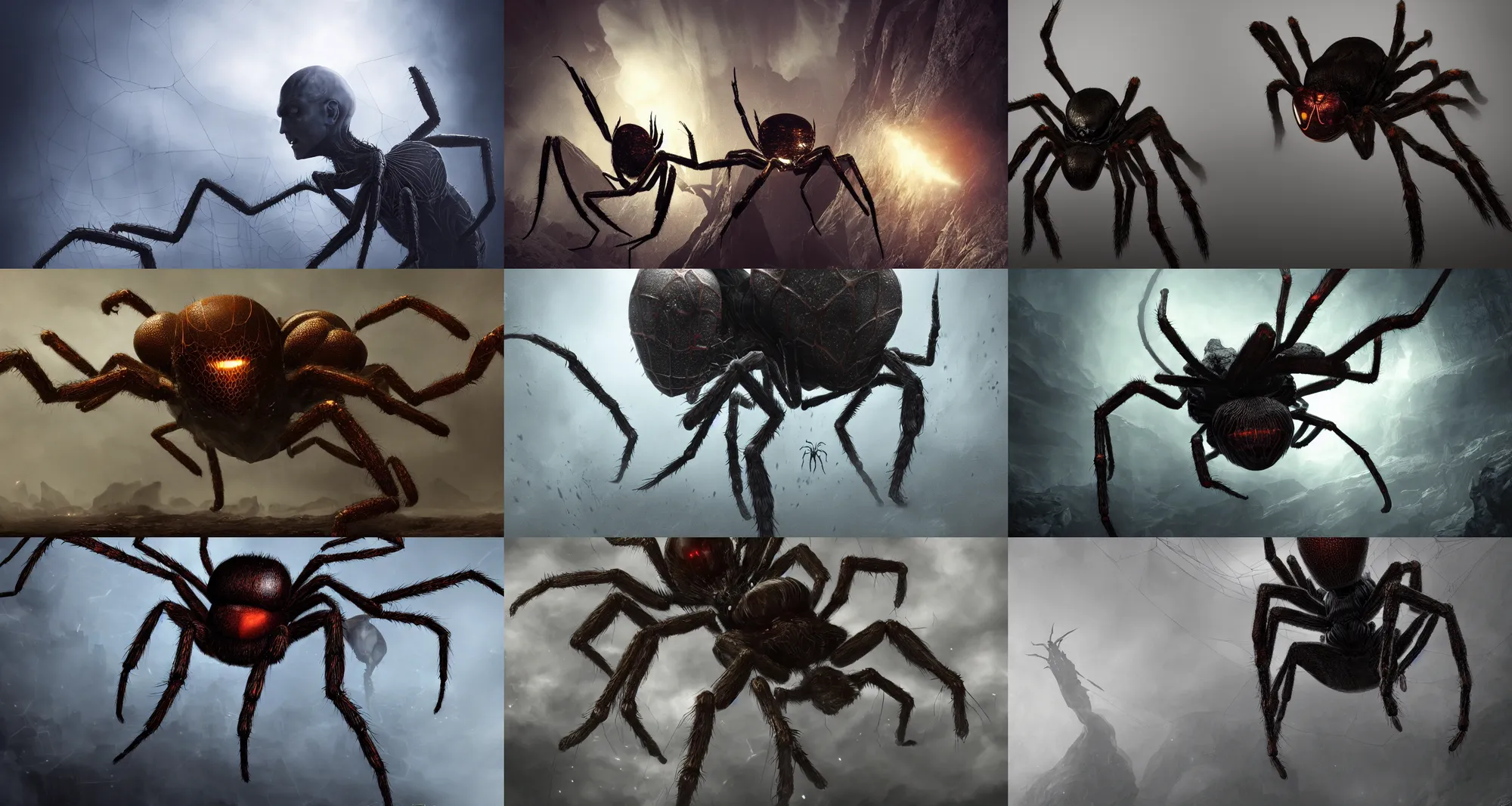 Prompt: a creature with the head of Tobey Maguire and a body of a giant spider. Digital art, dark, fantasy, epic, dramatic, volumetric lighting, trending on artstation, detailed, 8k