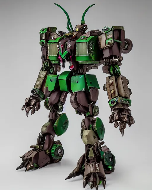 Prompt: a mecha shaped like a goblin, green and grown, made of barrels and steampunk parts, professionally assembled D&D-themed gunpla kit, action figure mecha, model kit, symmetrical details, by Bandai, professional photography, product photography, official media