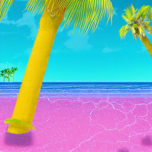 Image similar to realistic illustration of an oasis in a desert. Hot yellow sand with cyan water with white lines of refraction. Palm trees surround the oasis. Pink blocks are rising out of the water in a row leading from near to far, with vines hanging off them