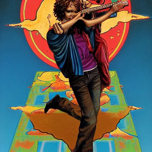 Prompt: a boy with a guitar being pulled to the heavens by skeletal angel. 8 0's artwork by moebius and greg hildebrandt