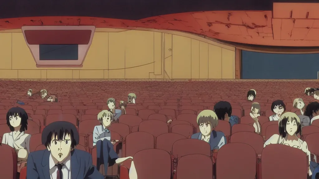 Image similar to people in a busy movie theatre, anime film still from the an anime directed by katsuhiro otomo with art direction by salvador dali, wide lens