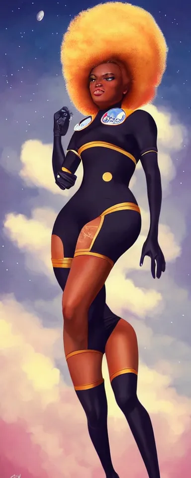 Prompt: full body shot of black woman in an astronaut suit with a celestial afro, pin-up style by Artgerm, realist, trending on artstation