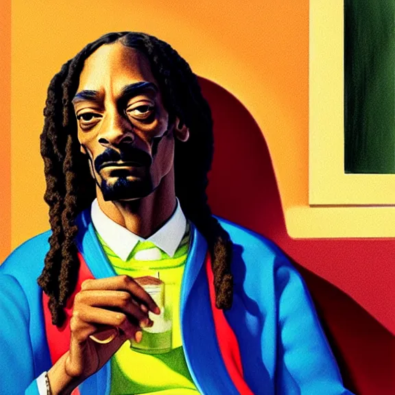 Image similar to beautiful illustration of a Snoop Dogg by Edward Hopper, clean lines, very detailed, colorful octane render