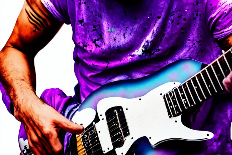 Image similar to dripping purple faded paint across the shape of a male human playing guitar, realistic, high detail, on a white background