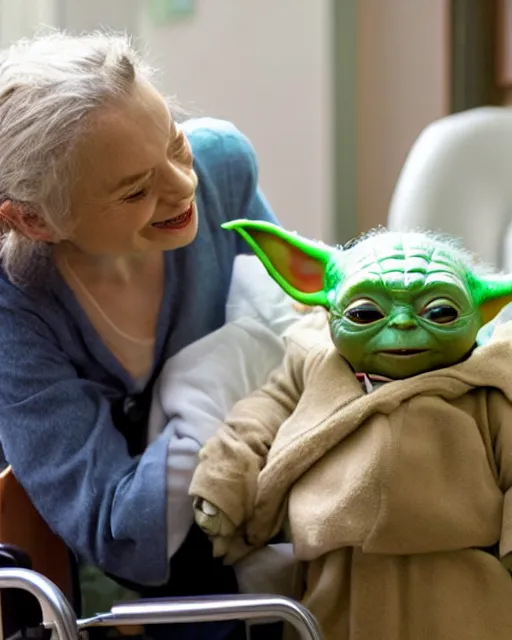 Image similar to stock photos of baby yoda visiting elderly people at a nursing home, hyperreal