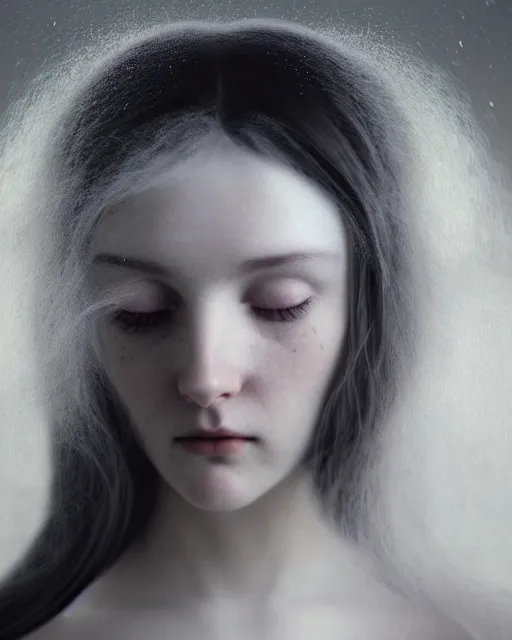 Image similar to soft, dreamy, subsurface scattering, white, young beautiful goddess in cosmos with very long white hair floating in air, fluid smoke art, black and white, octane render, dino valls, mark ryden, joe fenton, michal karcz, highly detailed, rim light, art, cinematic lighting, very coherent, hyper realism, 8 k