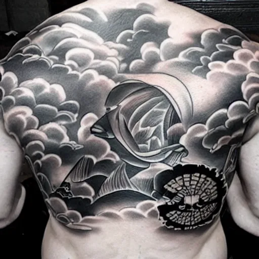 Prompt: yakuza tattoo designs, clouds, back, body full, photography, hyperrealism, color