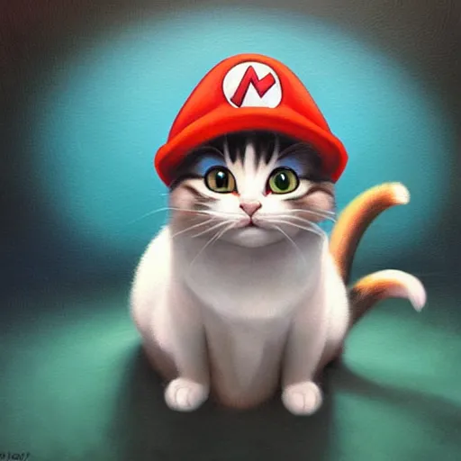 Prompt: A beautiful oil painting of a Kawaii Cat wearing a Super Mario Hat, art by michelangelo, volumetric lighting, photorealistic, highly detailed.