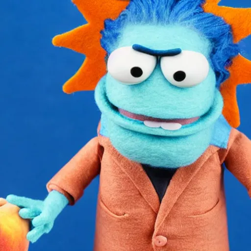 Image similar to rick sanchez as a muppet with peach skin, blue hair wearing a white lab coat. highly detailed felt. hyper real photo. 4 k.