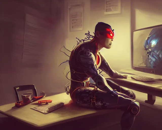 Image similar to an insanely detailed painting of an asian man wearing a homemade superhero costume, sitting at a desk, staring at the nervously at the computer and typing, in the style of peter mohrbacher, dramatic lighting and composition, surreal background, octane render, pixar, trending on artstation, concept art, comic book, view from behind