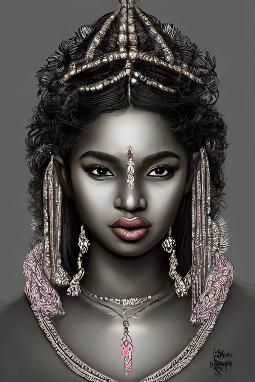 Prompt: A bust of a beautiful black skinned Indian girl with large lips and smooth eyebrows and straight hair, HD, illustration, epic, fantasy, intricate, elegant, amazing detail, digital painting, artstation, concept art, smooth, sharp focus, illustration, art by Turine Tran