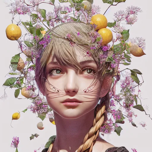 Prompt: the portrait of an absurdly beautiful, graceful, elegant, sophisticated, young teen girl made up of lemons looking up, an ultrafine hyperdetailed illustration by kim jung gi, irakli nadar, intricate linework, bright colors, octopath traveler, final fantasy, unreal engine 5 highly rendered, global illumination, radiant light, detailed and intricate environment