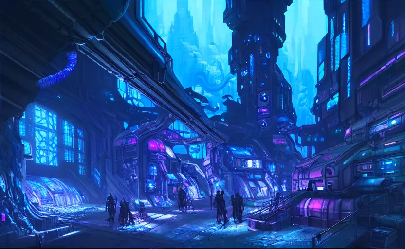 Image similar to cyberpunk factory in a dark cave, blue crystals, hyper detailed, realistic, intricate, concept art by frank hong, mate painting, artstation