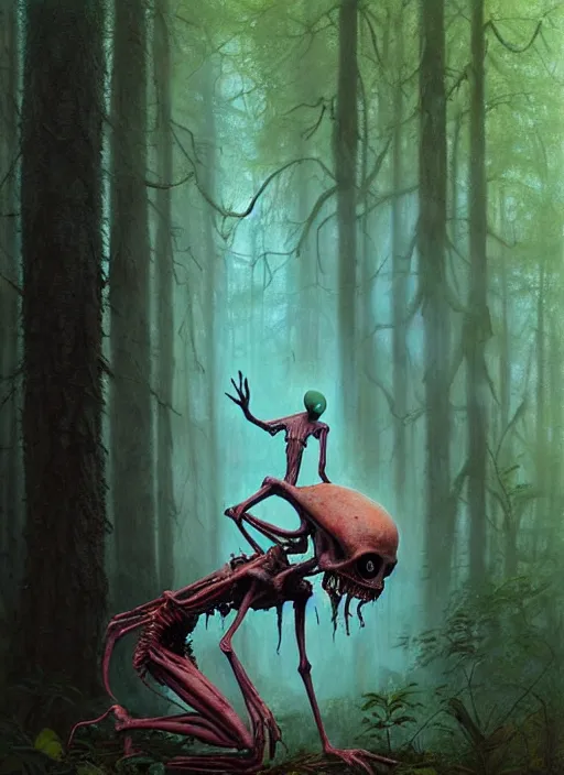 Image similar to hyper realistic spooky alien in the woods in a river gorgeous lighting, lush forest foliage blue sky a hyper realistic painting by chiara bautista and beksinski and norman rockwell and greg rutkowski, tom bagshaw weta studio, and lucasfilm