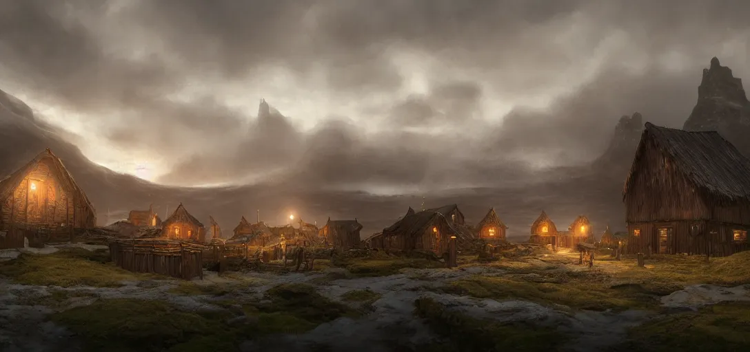 Image similar to a wooden viking village on the coast of iceland, dynamic lighting, volumetric, bokeh, cinematic, establishing shot, extremly high detail, photo realistic, cinematic lighting, post processed, concept art, artstation, matte painting, style by eddie mendoza, raphael lacoste, alex ross