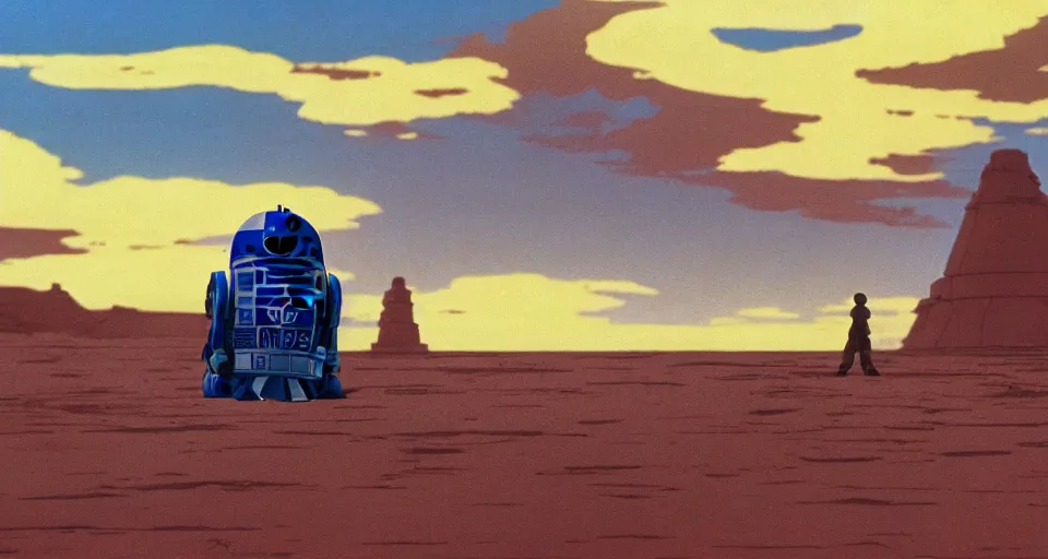 Image similar to beautiful wide shot tatooine landscape obi wan kenobi Luke skywalker R2-D2 in Star Wars a new hope 1977 by studio ghibli, Miyazaki, studio ghibli, Jean girard, Moebius , animation, golden hour, highly detailed, 70mm