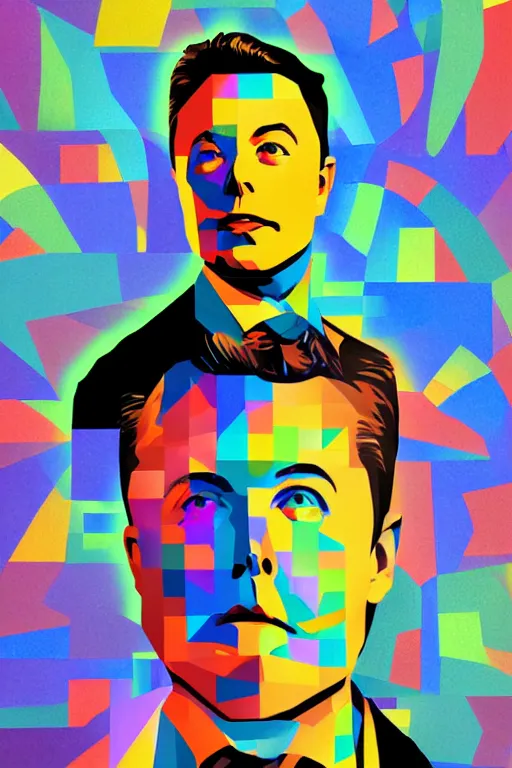 Prompt: cubist portrait of elon musk cutout digital illustration cartoon colorful beeple