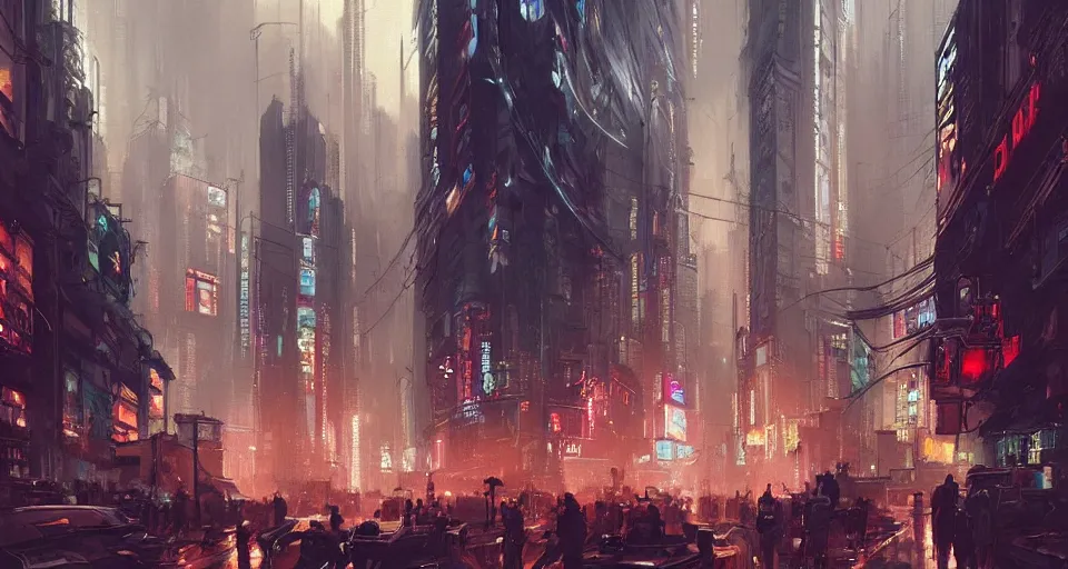 Prompt: very detailed masterpiece painting of a busy cyberpunk city street, portrait, artstation, concept art by greg rutkowski