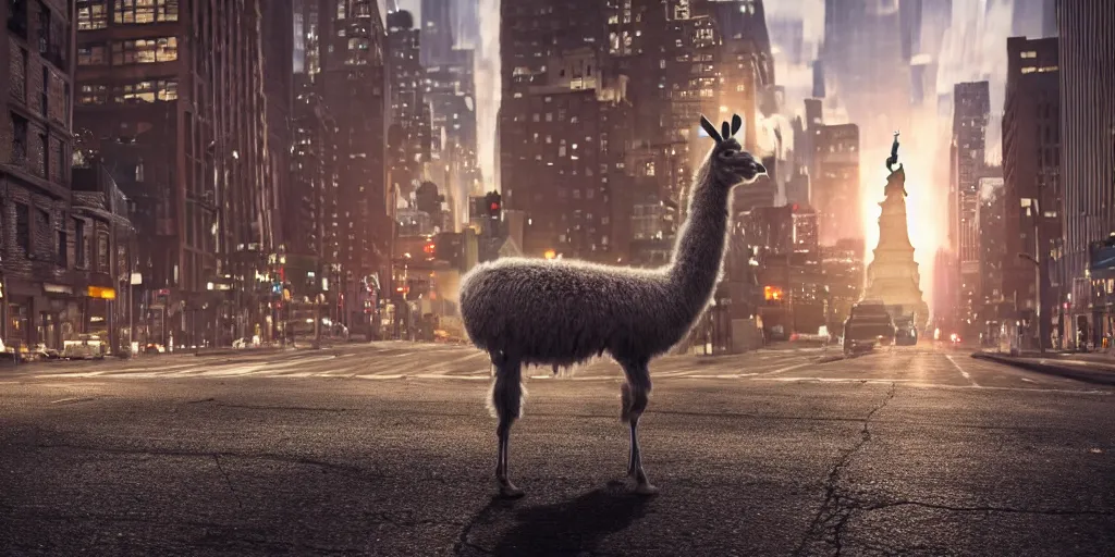 Image similar to a llama walking through a desolate manhattan city street at night, statue of liberty seen in the background, realistic 4 k octane beautifully detailed render, 4 k post - processing, highly detailed, intricate complexity, epic composition, magical atmosphere, cinematic lighting, masterpiece, ultra hd