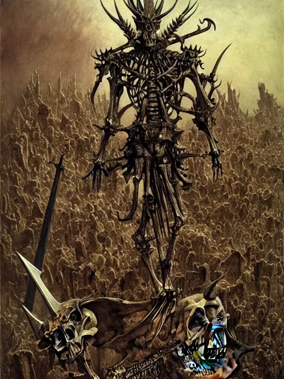 Prompt: A spiked horned semiork-semihuman skeleton with armored joints stands in a large fortress with a sword in hand. Massive shoulderplates. Extremely high details, realistic, fantasy art, solo, masterpiece, bones, ripped flesh, saturated colors, art by Zdzisław Beksiński, Arthur Rackham, Dariusz Zawadzki