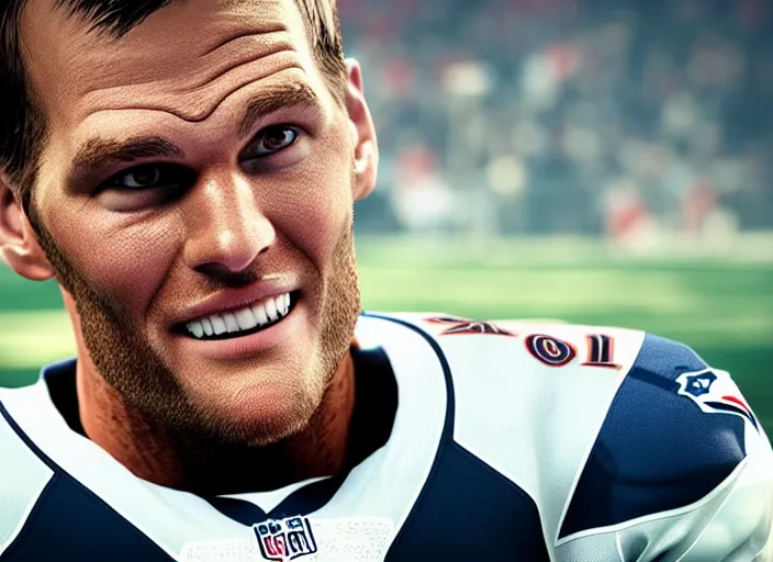 Prompt: facial portrait of a football player on the sidelines, quarterback tom brady, new england patriot, reddit contest winner, madden 2 1, ps 5, octane render
