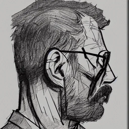 Image similar to a realistic yet scraggly portrait sketch of the side profile of a stern and sophisticated gordon freeman, trending on artstation, intricate details, in the style of frank auerbach, in the style of sergio aragones, in the style of martin ansin, in the style of david aja, in the style of mattias adolfsson