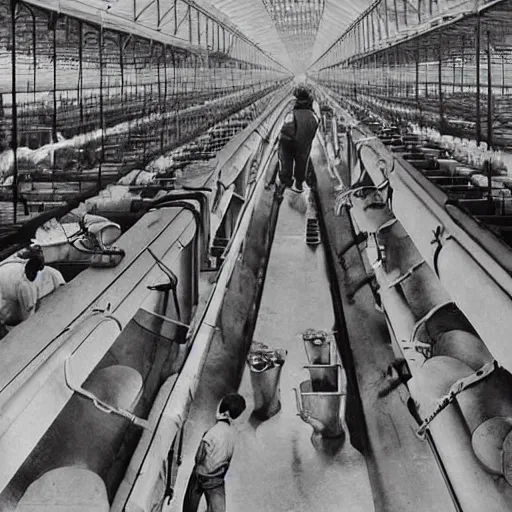 Prompt: digital art of workers working on a gigantic elephant factory, 1960 technology, art station