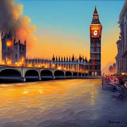 Prompt: detailed, soft, dynamic painting of the Big Ben on fire, professional painting, at dusk