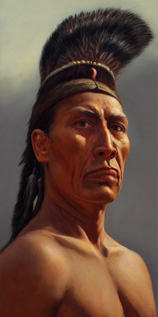 Prompt: a stunning and noble highly detailed portrait of a native american warrior by edward hopper, trending on artstation, oil painting masterpiece, symmetry, mysterious, very very very aesthetic