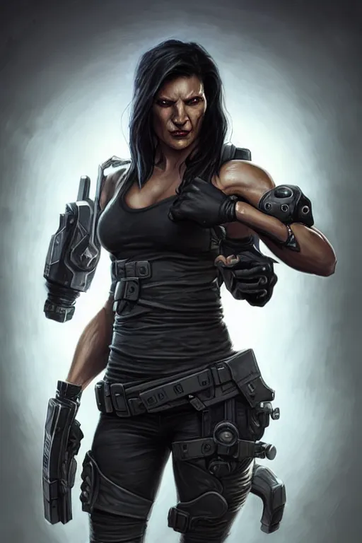 Prompt: gina carano as a shadowrun ork with prothesis grey metallic arm, casual black clothing, muscular, realistic proportions, casual pose, large portrait, sci - fi, rpg character, digital painting, artstation, concept art, smooth, 8 k frostbite 3 engine, ultra detailed, art by artgerm and greg rutkowski and magali villeneuve