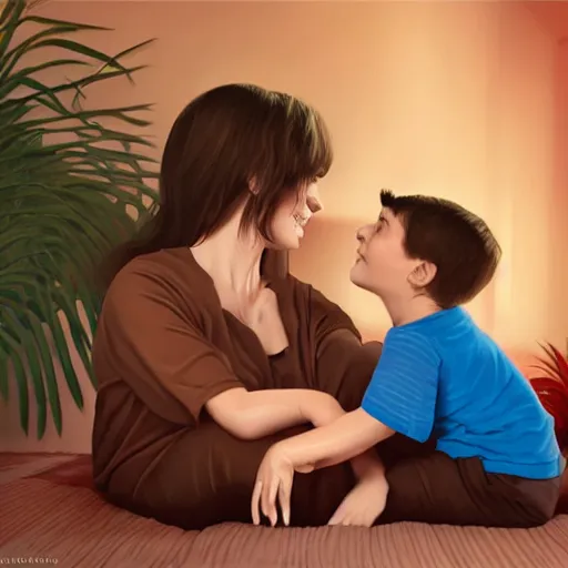 Image similar to illustration beautiful cinematic hyperrealism style where a mother appears with her happy son