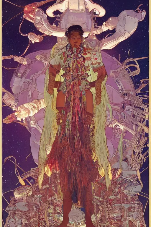 Image similar to serene scene of a futuristic apache medicine man telling stories around an electronic fire, by artgerm and yoshitaka amano and moebius and alphonse mucha, hyperdetailed, dc comics, ornate, nebula, explosions in the sky, trending on artstation