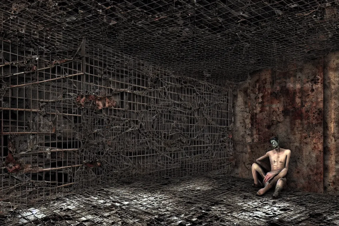 Prompt: Ugly human with long limbs sits on the floor. An underground very dark gloomy multi-layered structure of rusty thick iron grates, dense chain-link fencing and peeling walls. Inside view, collapsed floors, bent rusted iron, masterpiece, black background, corners, cinematic, hyperdetailed, photorealistic, hyperrealism, octane render, 8k, depth of field, bokeh, architecture, shadows, art by Zdzisław Beksiński, Arthur Rackham, Dariusz Zawadzki