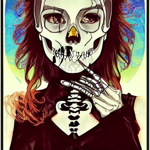 Prompt: manga skull portrait girl female skeleton realism hyperrealistic art Nintendo akira Scarlett Johanson and will cotton alphonse mucha pop art nouveau