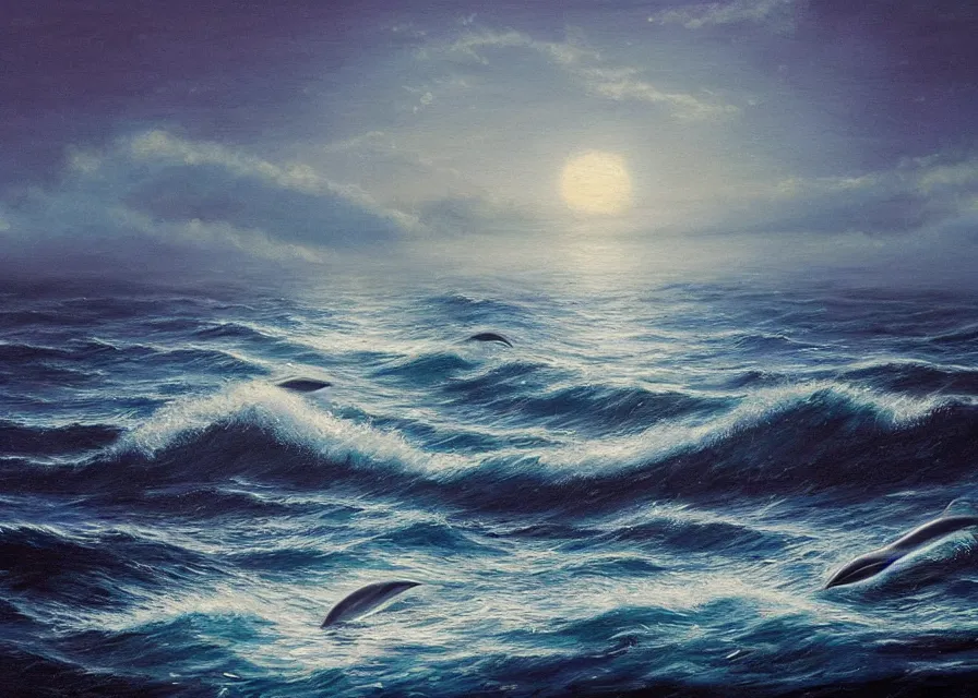 Prompt: beautiful ocean in moonlight, dolphins jumping out of the water, oil painting