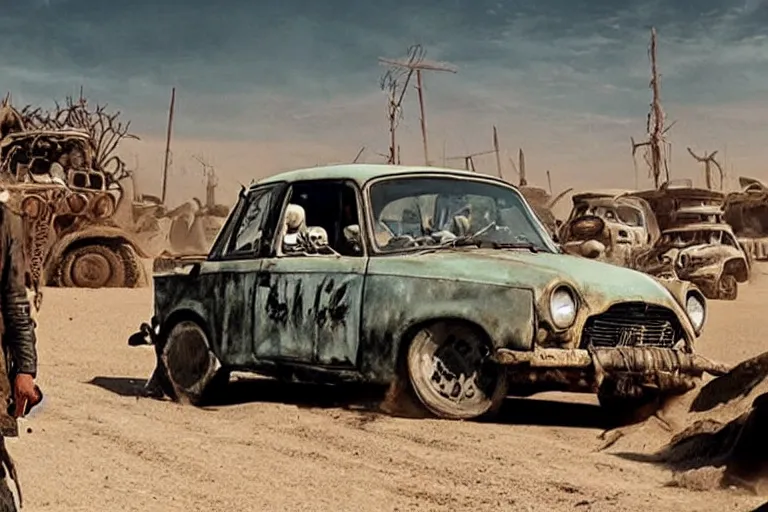 Prompt: trabant in mad max fury road, scene from the film