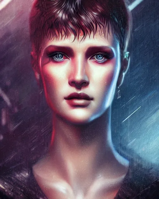 Image similar to a stunning close up portrait of replicant rachael from blade runner, foggy background, digital art by ross tran and angel ganev and eugene de blaas, highly detailed, octane render