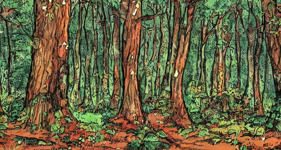 Image similar to a forest in france in the style of uderzo