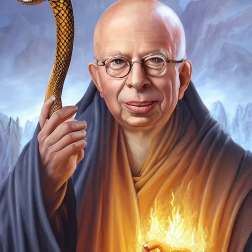 Image similar to a detailed fantasy character painting of Klaus Schwab with devil horns on his head, he has a forked tongue like a snake and black eyes, holding a lamb, dressed like Jesus Christ, by lauri blank, artgerm, evelyn de morgan, 8K, 50mm lens