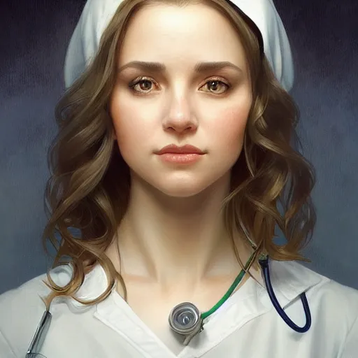 Prompt: an beautiful female nurse with short sleeves, perfectly-centered-Portrait of a most beautiful woman it the world, intricate, highly detailed, digital painting, artstation, concept art, smooth, sharp focus, illustration, Unreal Engine 5, 8K, art by artgerm and greg rutkowski and alphonse mucha