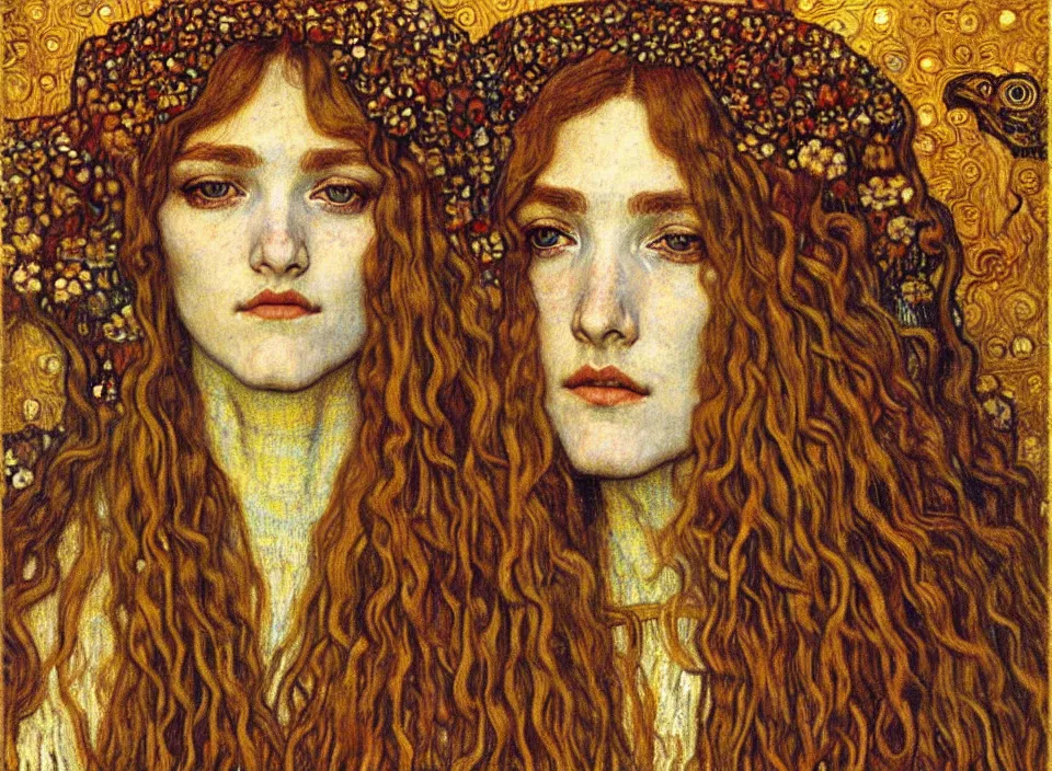 Image similar to detailed realistic beautiful young medieval queen face portrait by jean delville, gustav klimt and vincent van gogh, art nouveau, symbolist, visionary, gothic, pre - raphaelite, muted earthy colors, desaturated