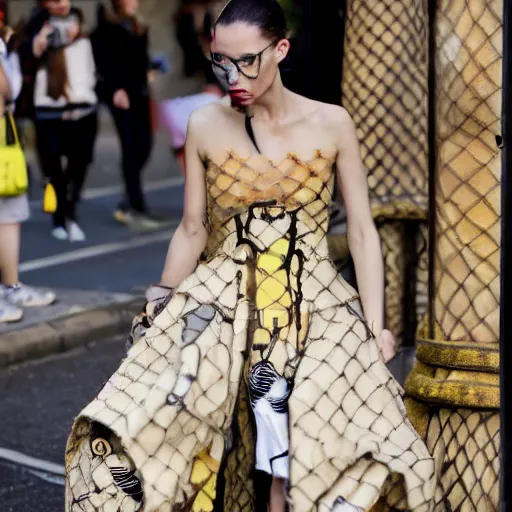 Image similar to 👗 made of 🐝 !! street style, backlit, Alexander mcqueen, Vivienne Westwood, Oscar De la Renta, Dior, high fashion photo shoot, fantasy lut,