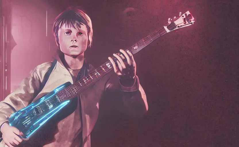 Prompt: found footage of Marty McFly playing a futuristic guitar, in liminal space, cyberpunk, film grain, dark lighting, realistic, photgraph, silent hill style, detailed cinematic lighting