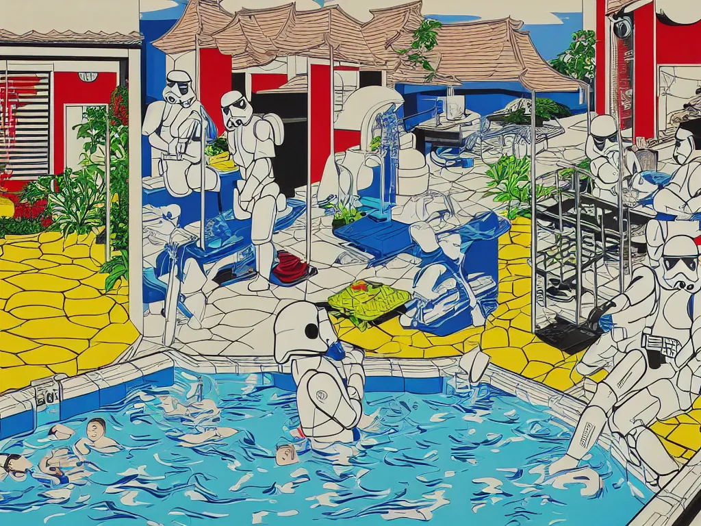 Image similar to hyperrealism composition of the japanese house with a hot springs in the garden, two detailed stormtroopers bathe in a hot spring, pop - art style, jacky tsai style, andy warhol style, roy lichtenstein style, acrylic on canvas