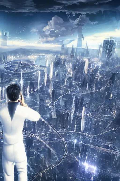 Prompt: man in white tracksuit overlooking a futuristic city, style of Mirror\'s Edge, dreamy, beautiful clouds, beautiful artwork by Makato Shinkai, futuristic